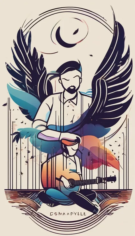 Create a cinematic image, abstract symbol for a film production company based on stories and music. The logo should represent the companionship between a boy musician, A storyteller fantasy bird, a dreamy feather, A boy and a guitar. Minimalist symbol desi...