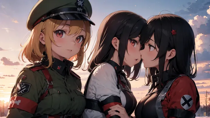 Nazi Gestapo uniform, female lesbian  kawaii sisters kissing passionately with T-54 military tank. wearing Luftwaffe uniforms. 8k. masterpiece. best quality. best artwork. lingerie. Swastika insignia red armband. bare breasts. sunset. snowing