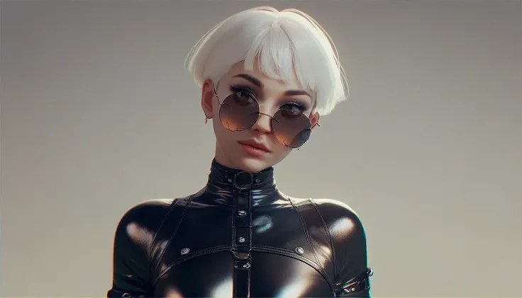 score_9, score_8_up, score_7_up,score_6_up, score_5_up,1girl, looking at the viewer,round sunglasses, white short hair, leather bodysuit,