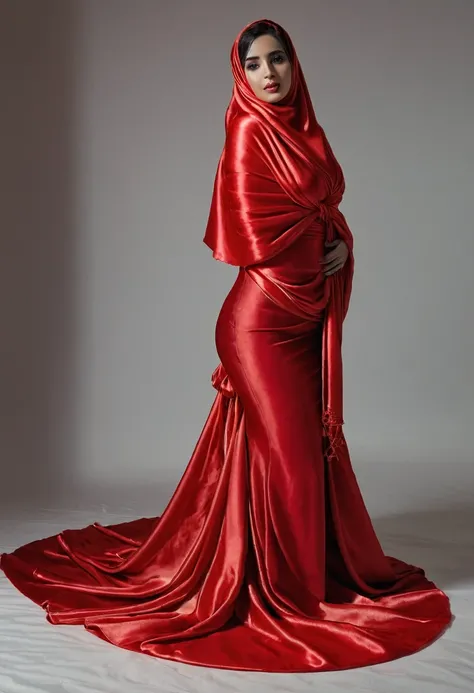 a sexy a woman covered in large red satin cloth, tied tightly with the satin cloth, mummified, the satin hanging down very long, a mermaid style dress, wearing a satin hijab, the satin cloth is very long, forming the curve of the body, flowy satin about 4 ...