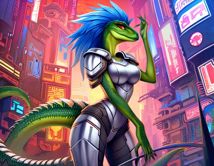 ultra quality, vivid colors, anthropomorphic velociraptop, female, she has a very beautiful velociraptor face, she has long spik...