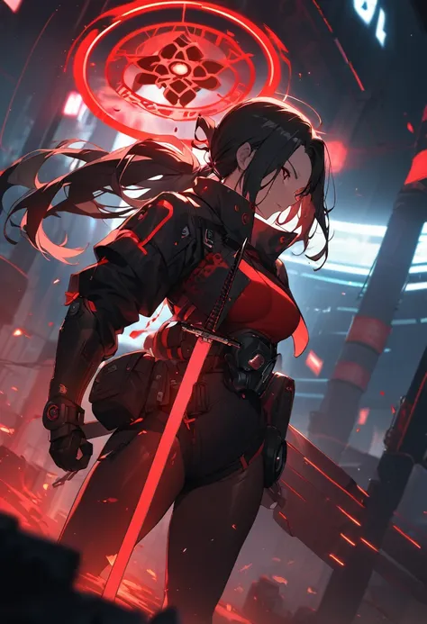 A woman,matured, perfect anatomy, cyberpunk gas mask,long pony tail hair(black hair),red aura,red magic circle,long samurai sword, cinematic lighting, cinematic angle,