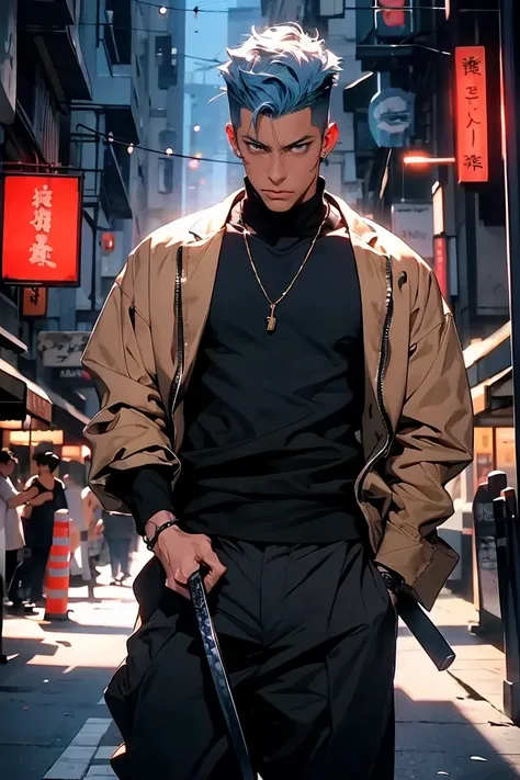 highest quality, 8K, high resolution image, anime style Jujutsu Kaisen, detailed strokes, slightly tanned skin, blurry, smile, purple light reflecting from it, (full body view), 1 man, young, male, model, cool guy, muscular, blue Eyes, light blue hair very...