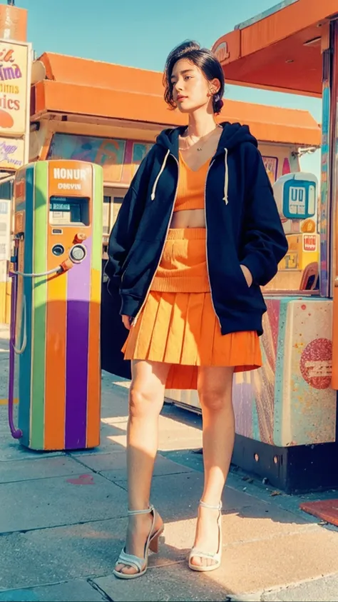 (medium cinematic shot portrait), of cute 23 yo girl (perfect plump body) ,wear ((orange color oversized_hoodie)), wear ((purple tennis skirt)),looking front,Best Quality,Masterpiece,Ultra High Resolution,(Realisticity:1.4),Original Photo, 1Girl, light lea...