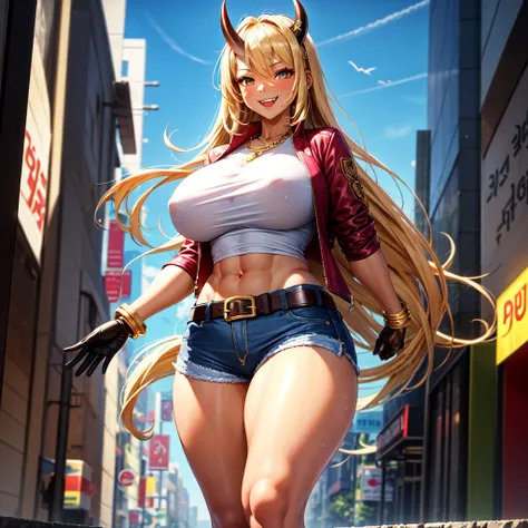 ((best quality)), ((masterpiece)), (detailed), 1girl, one girl, 8k_wallpaper, extremely detailed eyes, extremely detailed body, beautiful face, perfect face, detailed ((blonde hair)), (gold eyes), (( big blue horns)), {{dark skin}}, ({dark skinned female})...