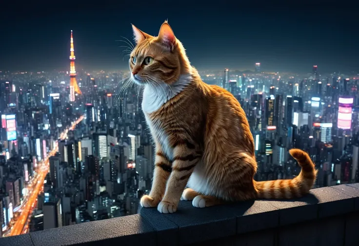 ((Masterpiece, top quality, high resolution)), ((highly detailed CG unified 8K wallpaper)), arafed cat sitting on a ledge above a city at night, cat attacking tokyo, perched on a skyscraper, cyberpunk cat, planet of the cats, giant cat monster, with a city...