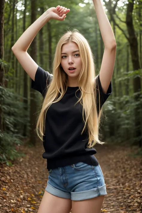 (bestquality,realistic:1.2),(blonde hair:1.1),(French:1.1),(sexy:1.1),(slim figure:1.1),(18 years old:1.1),(handcuffed:1.1),(black short sleeve sweater:1.1),(rolled-up sleeves:1.1),(hands up:1.1),(visible legs:1.1),(open mouth:1.1),illustration,forest,deta...