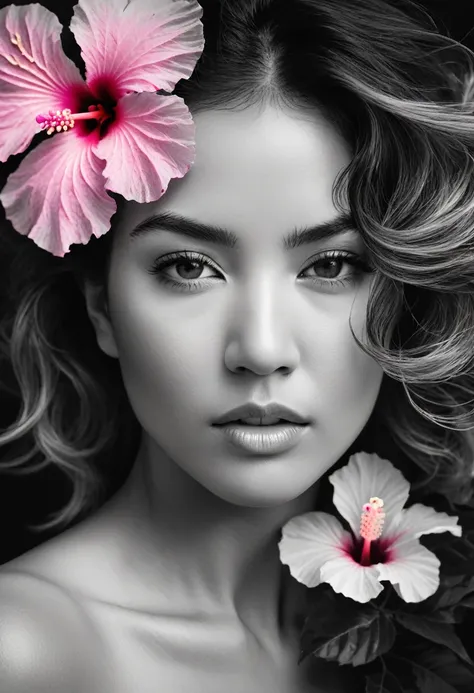 A black and white photo in raw format, zooming in on the intricate details of a womans face, shot with a solitary striking Pink Hibiscus, adding a touch of softness and femininity to the composition, enhancing the dramatic contrast and textures of the mono...