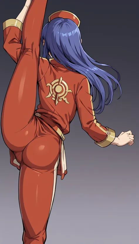 lilina \(fire emblem\), wizard, tracksuit, serious, one girl, standing_split,( from behind,back,bottom:1.5), standing split,stan...