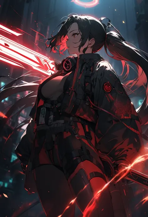 A woman,matured, perfect anatomy, cyberpunk gas mask,long pony tail hair(black hair),red aura,red magic circle,long samurai sword, cinematic lighting, cinematic angle,