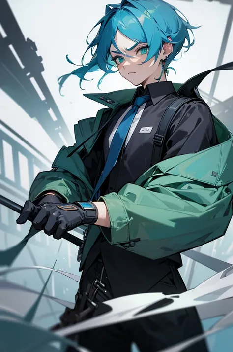 (masterpiece, best quality, highres, ultra detailed:1.2), (solo, 1boy, cowboy shot), korimiku, blue hair, green eyes, blue eyelashes, gloves, earrings, jacket, tie, bag, BREAK, frown, serious expression, metal bars floating aaround them, black shirt