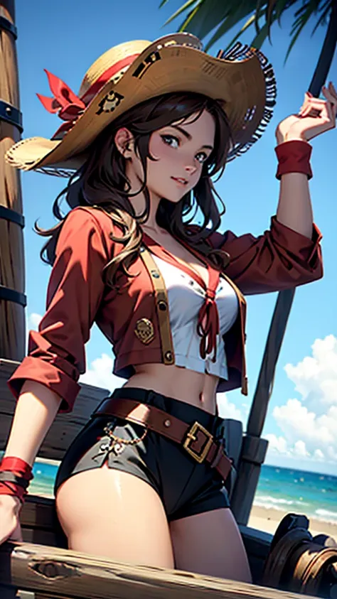 1 female, medium length brown hair, hazel eyes, wearing pirate outfit, at the helm of a pirate ship, wearing straw hat with red band, wearing straw hat