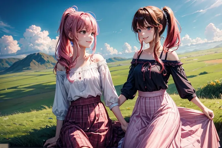 ((masterpiece、Highest quality、High resolution))、Pink Hair、Side ponytail hair、Chiffon skirt、Long skirt、camp、grassland、tent、blue sky、Off-the-shoulder shirt、Checkered clothing、university student、smile、Cowboy Shot