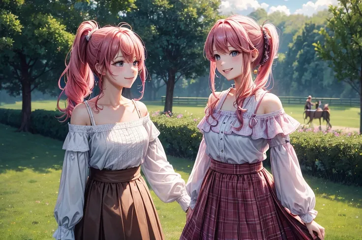 ((masterpiece、Highest quality、High resolution))、Pink Hair、Side ponytail hair、Chiffon skirt、Long skirt、camp、grassland、tent、blue sky、Off-the-shoulder shirt、Checkered clothing、university student、smile、Cowboy Shot