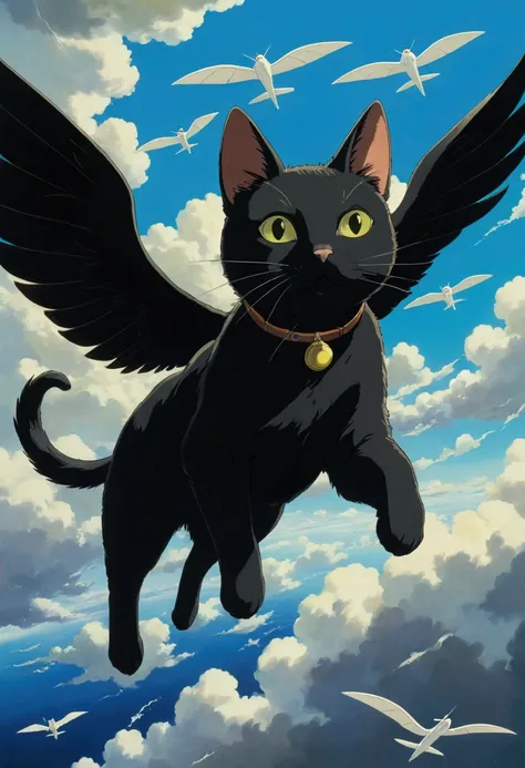 Ghibli　summer　Has flying wings　Black cat　cumulonimbus