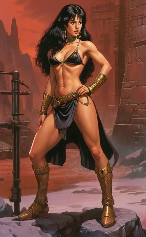 1girl, female barbarian, miniskirt, black hair, full body shot, clyde caldwell, impractical armor, (naked:1), Catherine zeta Jones, empty hand