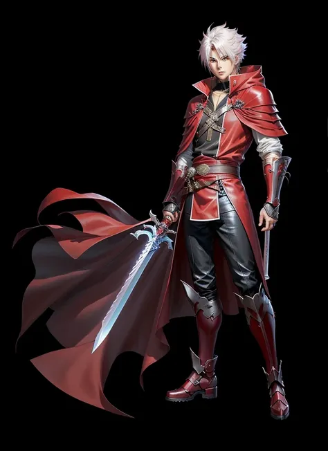 Wearing a red cloak、Anime character holding a sword, ( ( Character Concept Art ) ), Official Character Art, JRPG characters art, Bad guy anime 8k, JRPG characters, RPG portrait full body, male anime character, main character, Full body RPG portrait, Jett f...