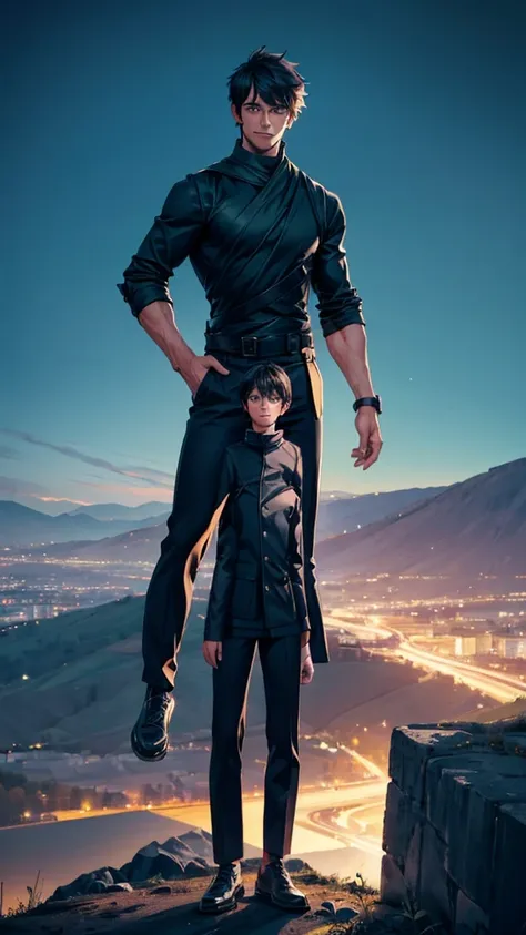 A man standing on a hill At night with a warm smile, cool pose, black clothes, black pants, black two block haircut, greenish blue eyes, handsome, muscular, Below the hill you can see a beautiful urban view