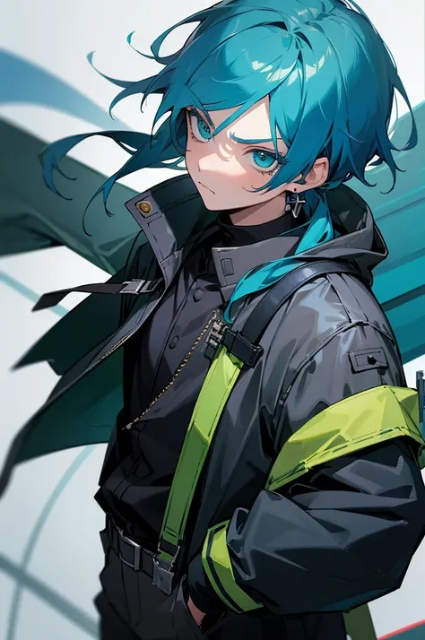 (masterpiece, best quality, highres, ultra detailed:1.2), (solo, 1boy, cowboy shot), korimiku, blue hair, green eyes, blue eyelashes, gloves, earrings, jacket, bag, BREAK, frown, serious expression, metal bars floating aaround them, black shirt, young adul...