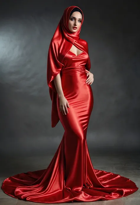 a sexy a woman covered in large red satin cloth, tied tightly with the satin cloth, mummified, the satin hanging down very long, a mermaid style dress, wearing a satin hijab, the satin cloth is very long, forming the curve of the body, flowy satin about 4 ...