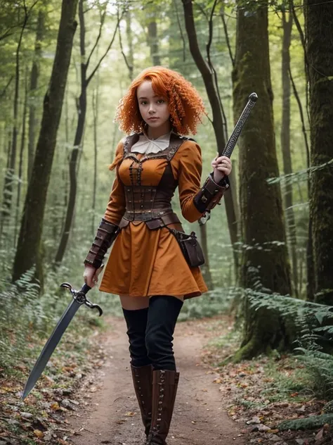 17 year old girl, Lovely, orange hair, Very short, Very curly, slim, flat bust, with freckles on the face, with slavic features, steampunk dress, Whole body, two hands, sword in right hand, shows her legs, In the woods.