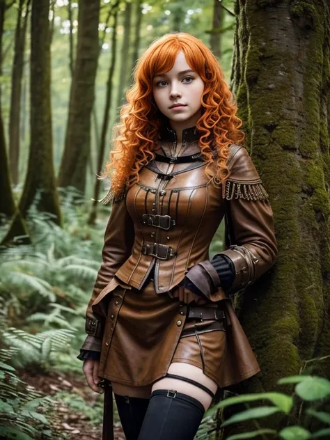 17 year old girl, Lovely, orange hair, Very short, Very curly, slim, flat bust, with freckles on the face, with slavic features, steampunk dress, Whole body, two hands, shows her legs, In the woods.