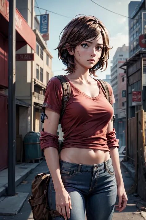 NSFW, Masterpiece, 1.4 Top Image 4K, Ellie The Last Of Us, Brown Hair, Red Shirt, Dark Blue Pants, Rendering In An Apocalyptic City, Showing Panties, Ultra Realistic, 4K Wallpaper, EnvyBetterHands LoCon.