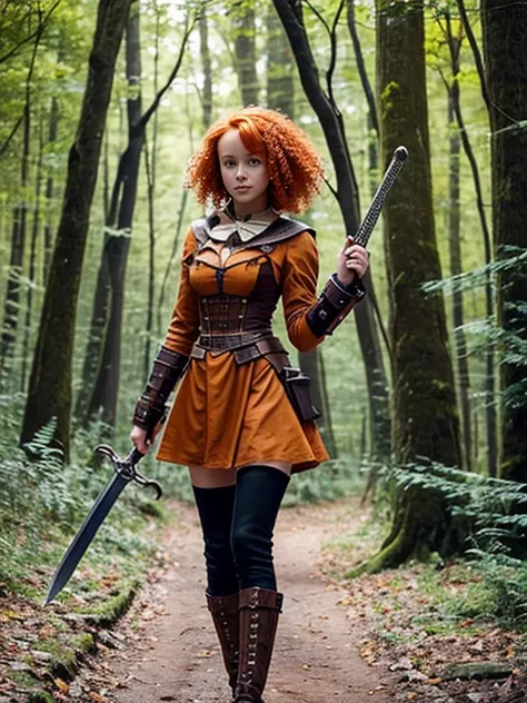 17 year old girl, Lovely, orange hair, Very short, Very curly, slim, flat bust, with freckles on the face, with slavic features, steampunk dress, Whole body, two hands, sword in right hand, shows her legs, In the woods.