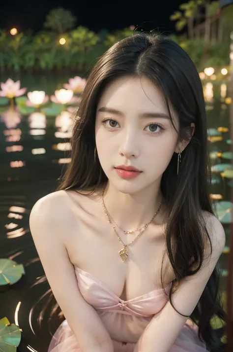 (((best quality))),(((ultra detailed))),(((masterpiece))),illustration,((1 beautiful young  girl,solo)),((slim,thin)),(shoulder length straight hair:1.2),((earrings,necklace)),((small breasts,flat chest)),(strapless see through pink sheer bra:1.3),(beside ...