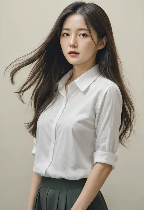 There is a woman with long hair and a white shirt., A painting by Kim Jeong-hee, Doesn&#39;t bounce, What is that?, normal number, korean artist, Minjeong Shin, Jiyoung Kwak, Heonhwa Choi, Louise Zhang, Frontal portrait, jiyun chae, Taejun Kim, Hyunjoo Kim...