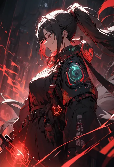 A woman,matured, perfect anatomy, cyberpunk gas mask,long pony tail hair(black hair),red aura,red magic circle,long samurai sword,closeup cinematic lighting, cinematic angle,side view