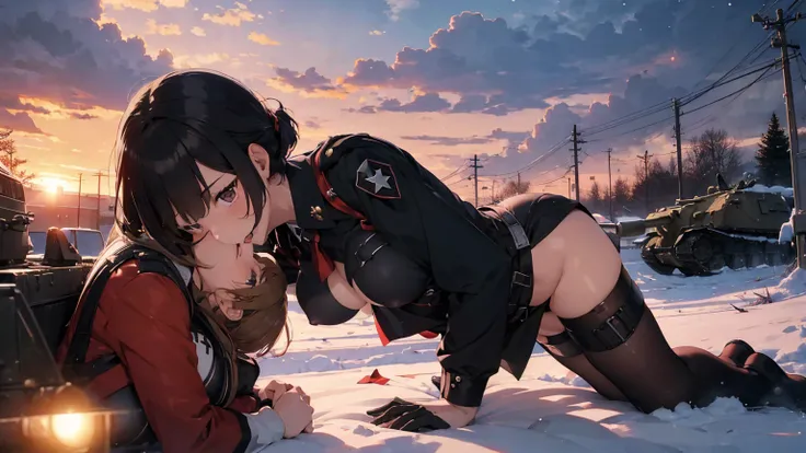  Gestapo uniform, female lesbian  kawaii sisters kissing passionately with T-54 military tank. wearing Luftwaffe uniforms. 8k. masterpiece. best quality. best artwork. lingerie. Swastika insignia red armband. busty bare breasts. nipples.  sunset. snowing