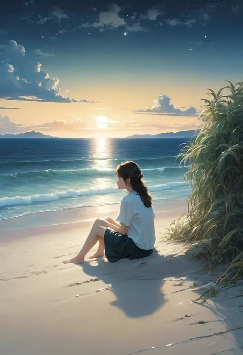 (A masterpiece of the highest quality:1.2)、Very detailed illustrations，Perfectly shows the girl in the doomsday beach scenery。In the silence of the night、There is an atmosphere that is both sad and hopeful.。 The Girl sits on the soft vegetation of the sand...