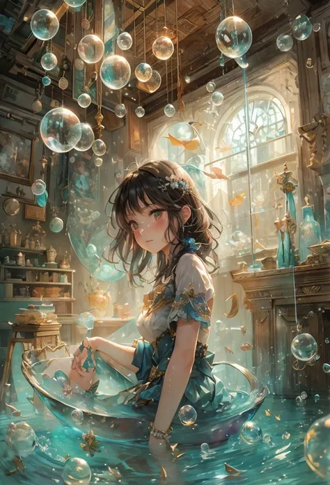 an anime girl in a blue dress、sitting in a room with bubbles floating around, anime fantasy illustration, fantasy art style, art...