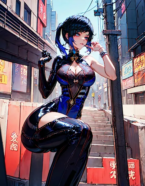 (masterpiece, best quality:1.4)anime girl in black latex posing on the street, female cyberpunk anime girl, oppai cyberpunk, wearing latex, digital cyberpunk anime art, black shiny latex, visible armpits, seductive anime girl, pony tail behind, wide open l...