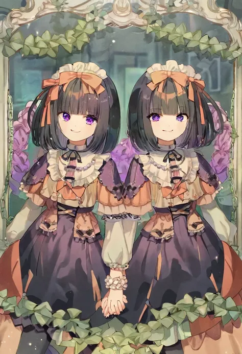 score_9, score_8_up, score_7_up, score_6_up, Character concept art of two twins holding hands, lolita fashion, split white and black hair, creepy smiles, purple eyes with abstract white shapes in them, surrounded by arcing chains and mirrors, high detail e...