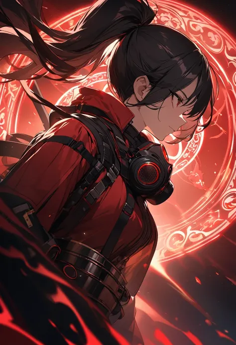 A woman,matured, perfect anatomy, high tech gas mask,long pony tail hair(black hair),red aura,red magic circle,long samurai sword,closeup cinematic lighting, cinematic angle,side view