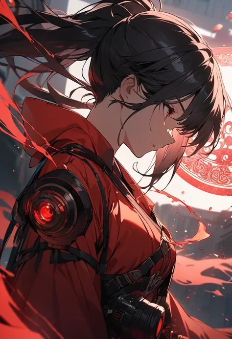 A woman,matured, perfect anatomy, high tech gas mask,long pony tail hair(black hair),red aura,red magic circle,long samurai sword,closeup cinematic lighting, cinematic angle,side view