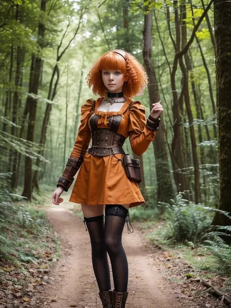 17 year old girl, Lovely, orange hair, Very short, Very curly, slim, flat bust, with freckles on the face, with slavic features, steampunk dress, Whole body, two hands, shows her legs, In the woods.