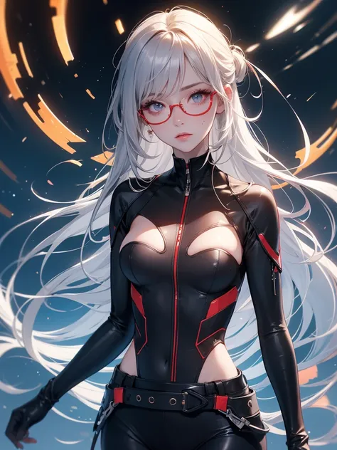 pretty的脸蛋, best quality, Ultra-high resolution light, Glowing skin, Delicate skin, Delicate face, Delicate eyes, pretty, Straight Hair, Flowing hair, Moles under the eyes, Wearing glasses, Red frame glasses, Sci-fi scene, Gorgeous and dreamy background, Sk...