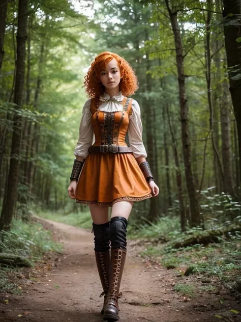 17 year old girl, Lovely, orange hair, Very short, Very curly, slim, flat bust, with freckles on the face, with slavic features, steampunk dress, Whole body, two hands, shows her legs, In the woods.