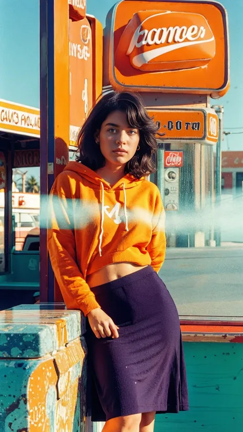 (medium cinematic shot portrait), of cute 23 yo girl ,wear ((orange color oversized_hoodie)), wear ((purple tennis skirt)),looking front,Best Quality,Masterpiece,Ultra High Resolution,(Realisticity:1.4),Original Photo, 1Girl, light leak,ultra high resoluti...