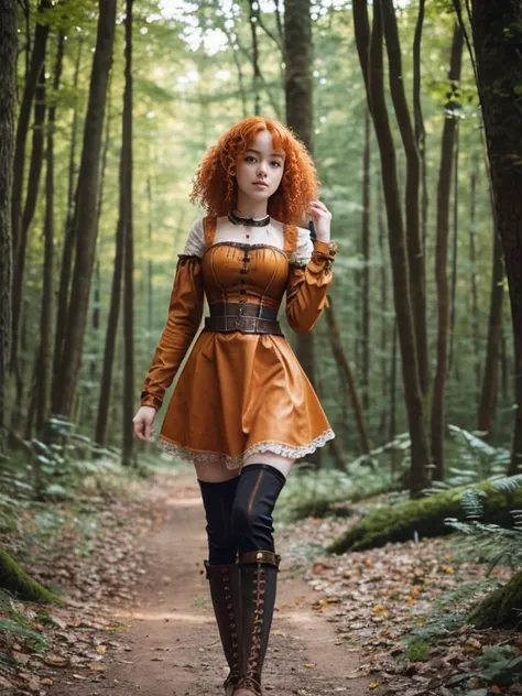 17 year old girl, Lovely, orange hair, Very short, Very curly, slim, flat bust, with freckles on the face, with slavic features, steampunk dress, Whole body, two hands, shows her pretty legs, In the woods.