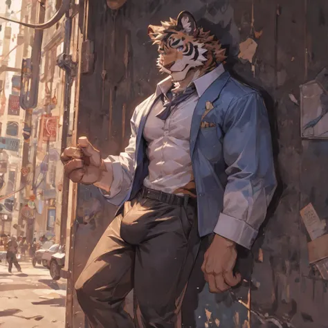 {{bara extremely handsome white tiger student,}} {{white fur,}} white, wearing  blazer, trousers, white dress shirt and necktie, white fluffy furry body and limbs, loafers, very tall, very broad shoulders, narrow waist, muscular arms, massive pecs, purple ...