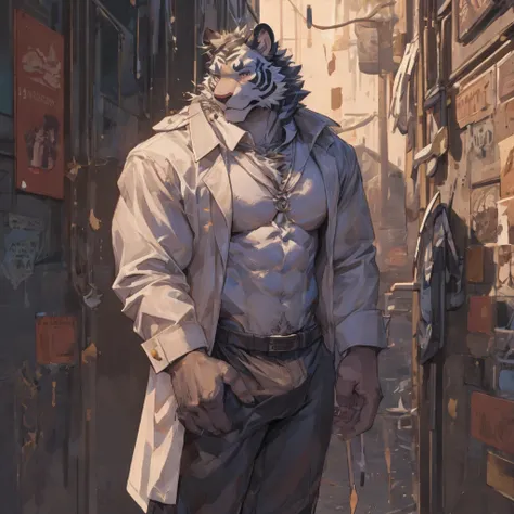 {{bara extremely handsome white tiger student,}} {{white fur,}} white, wearing  blazer, trousers, white dress shirt and necktie, white fluffy furry body and limbs, loafers, very tall, very broad shoulders, narrow waist, muscular arms, massive pecs, purple ...