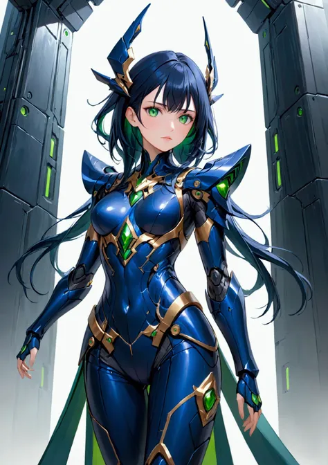 Girl with dark blue hair, green eyes,tall rectangular body figure, mature, warrior outfit