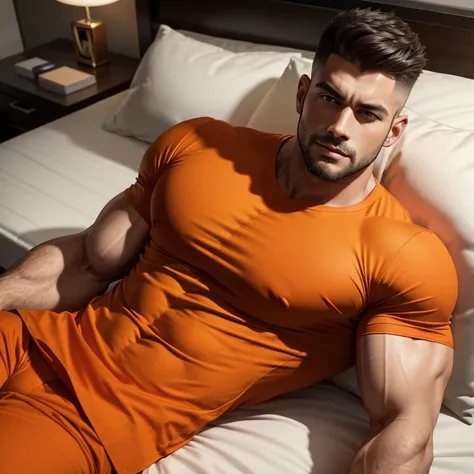 a very handsome man, with Mid fade haircut, massively muscular, with massively large muscles, wearing an orange shirt, lying on a bed, seen close up