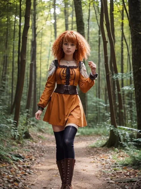 17 year old girl, Lovely, orange hair, Very short, Very curly, slim, flat bust, with freckles on the face, with slavic features, short steampunk dress, Whole body, two hands, shows her pretty legs, In the woods.