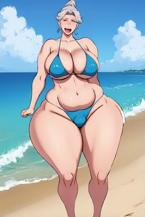 1girl, elderly,ssbbw gilf, grey hair, sexy figure, ssbbw,gilf, micro bikini, see through bikini, (shot from below), sagging breasts, underboobs, (skindentation:1.4), showing cleavage , massive ass, insanely inflated hips,very large bosum,largest haunches, ...