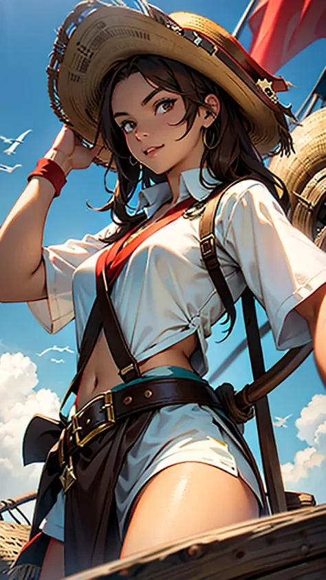 1 female, medium length brown hair, hazel eyes, wearing pirate outfit, at the helm of a pirate ship, wearing straw hat with red band, wearing straw hat